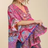 Umgee Full Size Mixed Print Ruffle Hem Open Front Cover Up Plus Size - Hot Pink