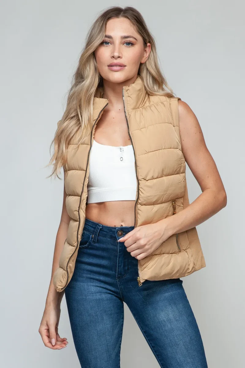 Zip Up Turtleneck Vest with Pockets - Iced Coffee