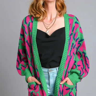 Umgee Full Size Animal Print Open Front Cardigan with Side Pockets Plus Size - Green Mix
