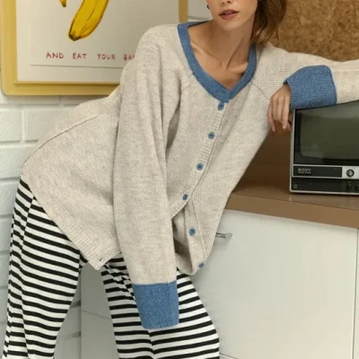 Contrast Trim Button Down Raglan Sleeve Cardigan - Oatmeal/Denim Blue