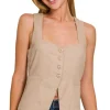 Linen Tie-back 4-button Vest with Lining - Lt Mocha
