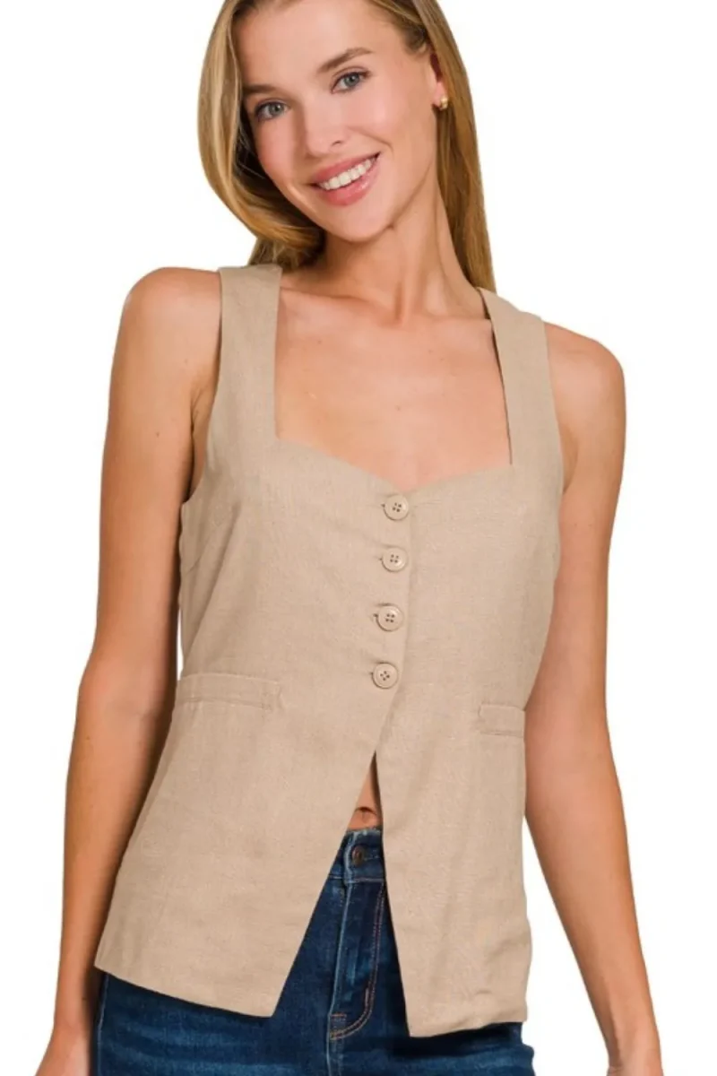 Linen Tie-back 4-button Vest with Lining - Lt Mocha