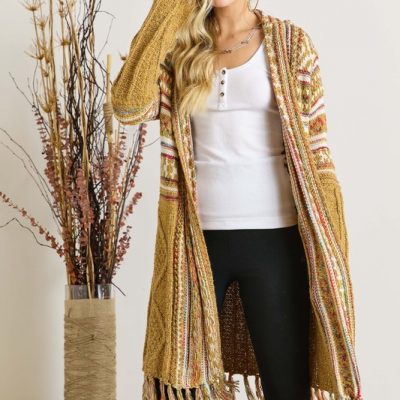 Fringe Hem Aztec Cardigan - Mustard