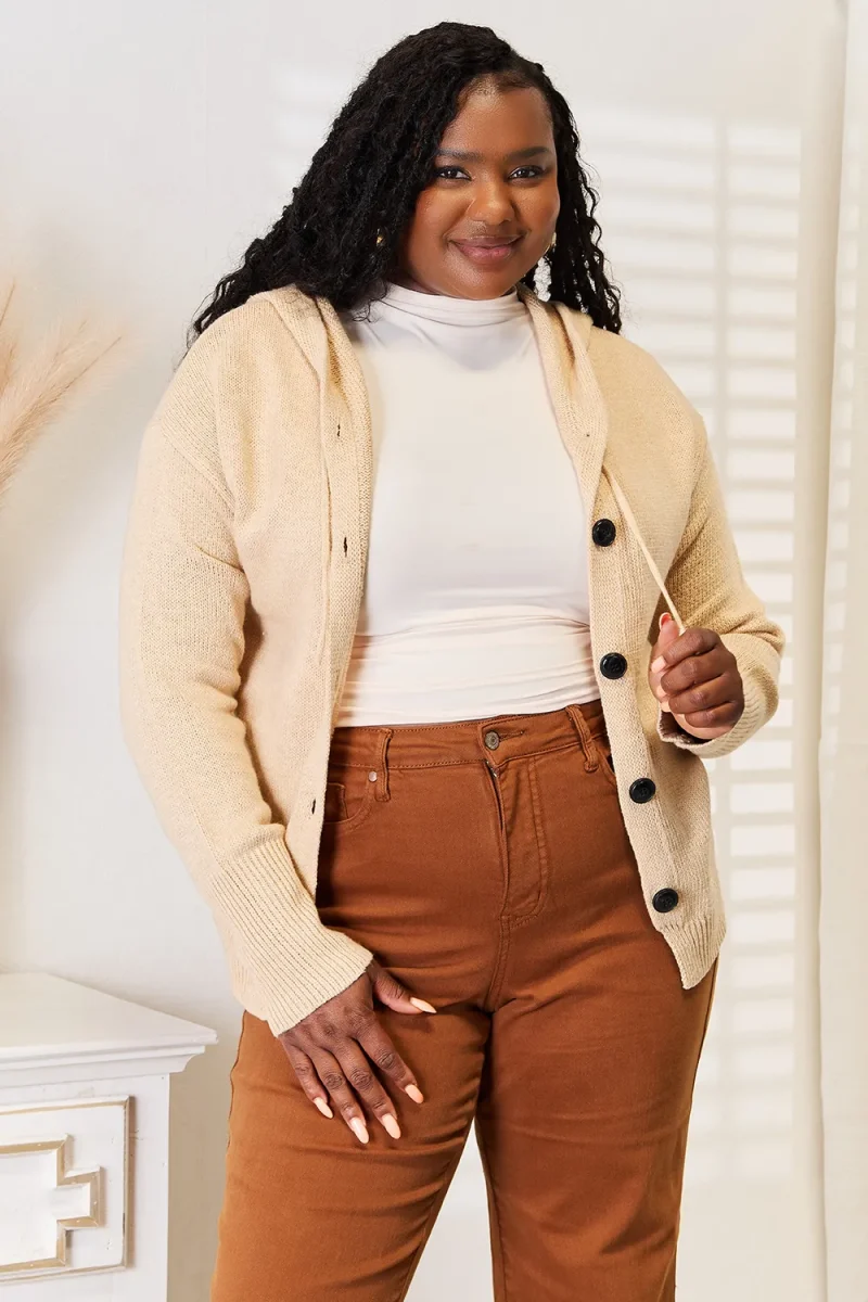 Button-Down Long Sleeve Hooded Sweater - Tan