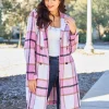 Full Size Plaid Button Up Lapel Collar Coat - Carnation Pink