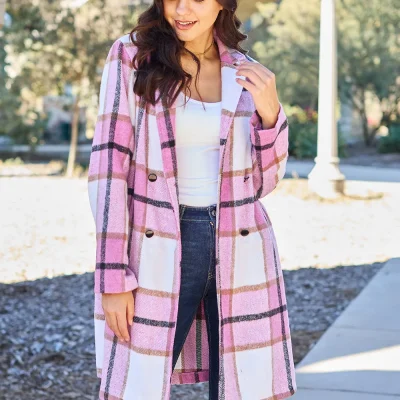 Full Size Plaid Button Up Lapel Collar Coat - Carnation Pink