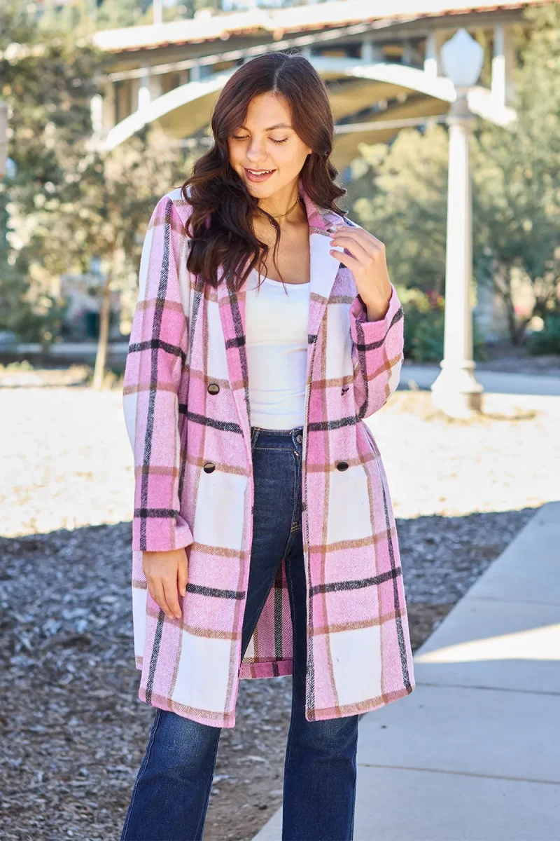 Full Size Plaid Button Up Lapel Collar Coat - Carnation Pink