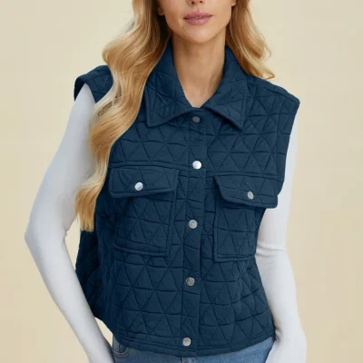 Full Size Pocketed Texture Snap Down Vest Coat - Peacock Blue