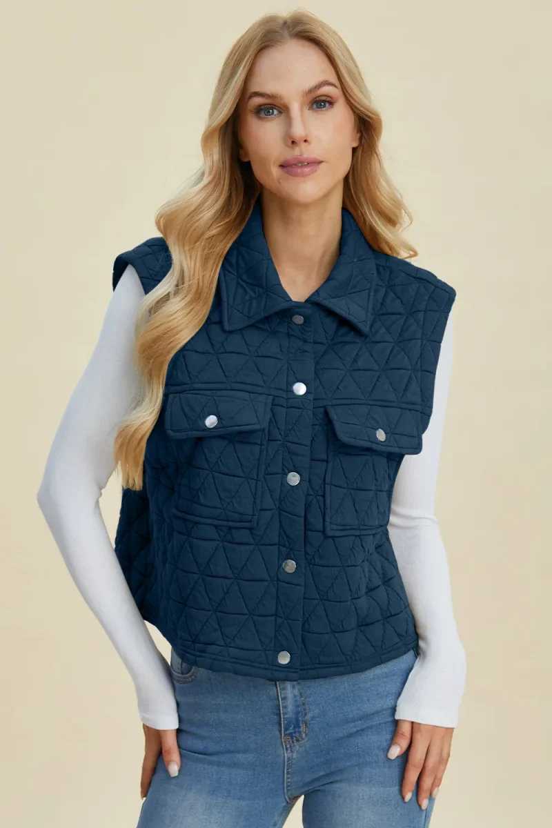Full Size Pocketed Texture Snap Down Vest Coat - Peacock Blue
