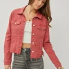 Full Size Raw Hem Button Up Cropped Denim Jacket Plus Size - Brick
