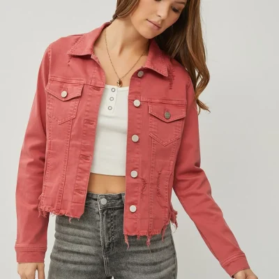 Full Size Raw Hem Button Up Cropped Denim Jacket Plus Size - Brick