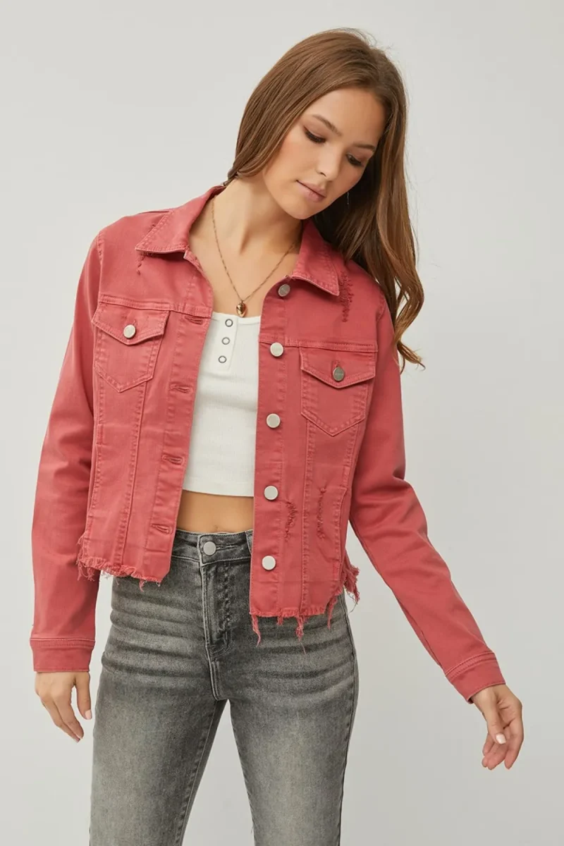 Full Size Raw Hem Button Up Cropped Denim Jacket Plus Size - Brick