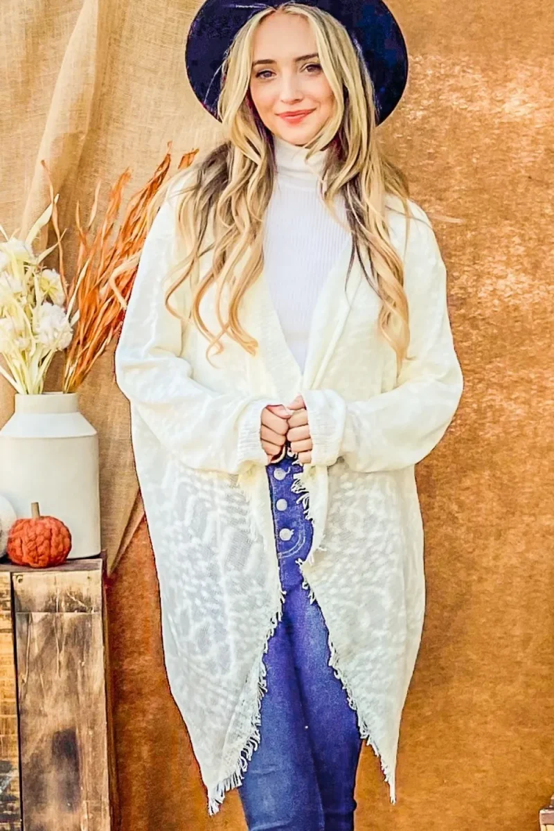 Textured Knit Fringe Hem Cardigan - Ivory