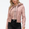 Faux Leather Zip Up Drawstring Hooded Jacket - Mauve