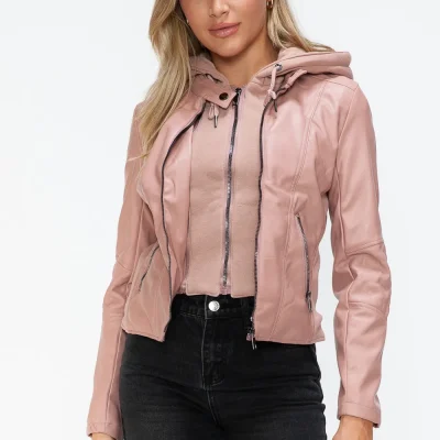Faux Leather Zip Up Drawstring Hooded Jacket - Mauve