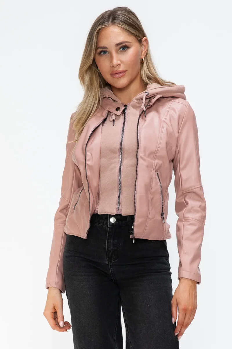 Faux Leather Zip Up Drawstring Hooded Jacket - Mauve
