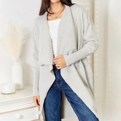 Open Front Duster Cardigan with Pockets - Light Gray