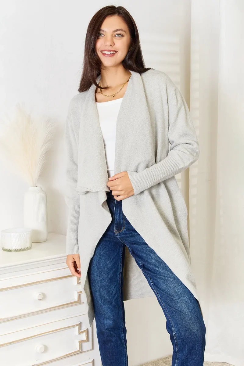 Open Front Duster Cardigan with Pockets - Light Gray