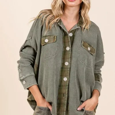 Mineral Washed Plaid Button Down Shacket - Olive