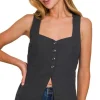 Linen Tie-back 4-button Vest with Lining - Black