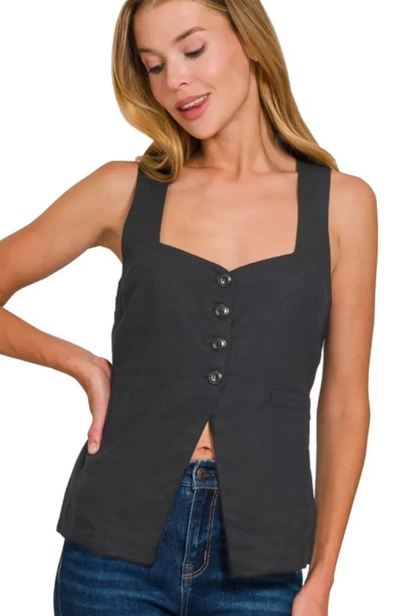 Linen Tie-back 4-button Vest with Lining - Black
