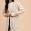 Checkered & Striped Open Front Long Sleeve Cardigan - Latte Combo