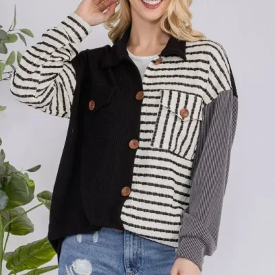Full Size Striped Button Up Dropped Shoulder Shacket - Black