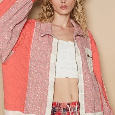 Floral Patchwork Zip Up Long Sleeve Jacket - Coral