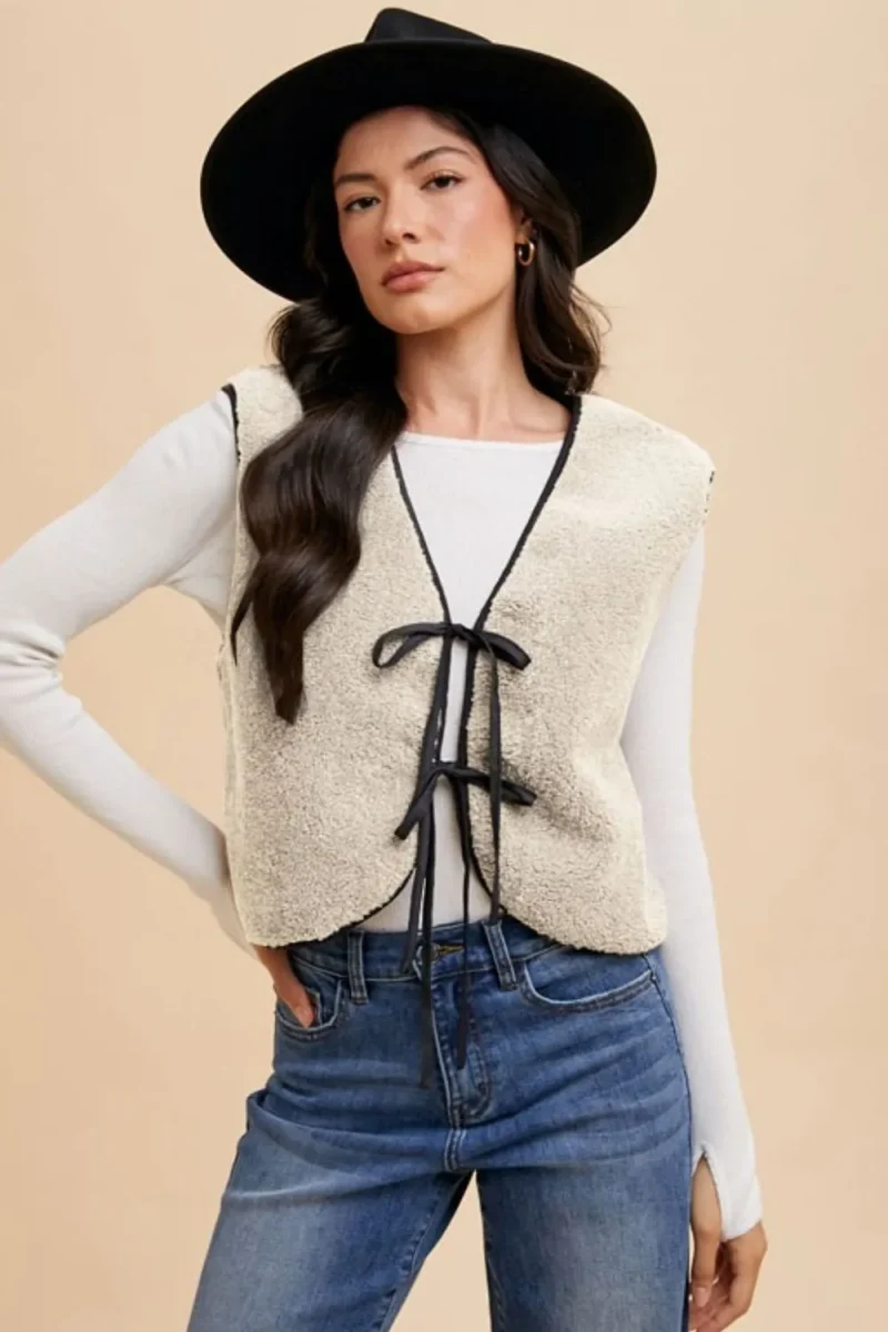 V-Neck Tie Detail Vest Coat - Cream