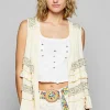 Ruffled Open Front Sleeveless Cardigan - Cream Multicolor