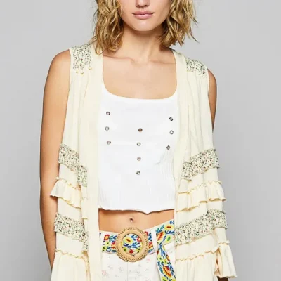 Ruffled Open Front Sleeveless Cardigan - Cream Multicolor