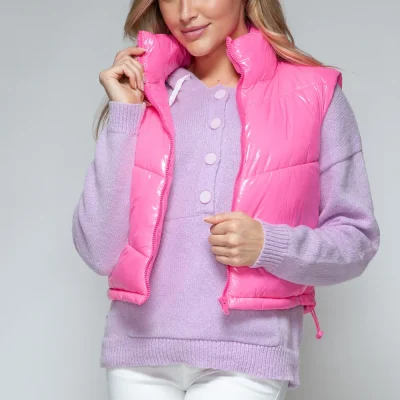 Zip Up Turtleneck Shiny Quilted Vest - Hot Pink