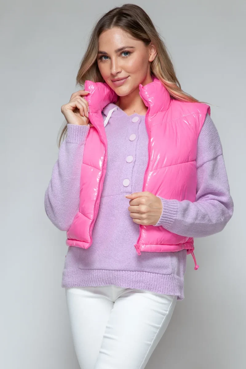 Zip Up Turtleneck Shiny Quilted Vest - Hot Pink