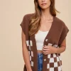 Checkered Button Down Short Sleeve Cardigan - Dark Brown