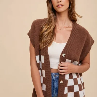 Checkered Button Down Short Sleeve Cardigan - Dark Brown