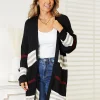 Striped Rib-Knit Drop Shoulder Open Front Cardigan - Black