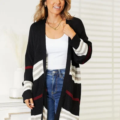 Striped Rib-Knit Drop Shoulder Open Front Cardigan - Black