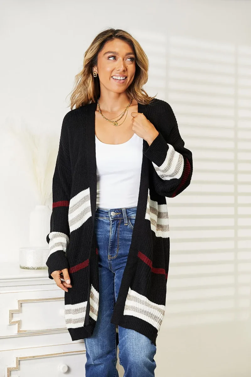 Striped Rib-Knit Drop Shoulder Open Front Cardigan - Black