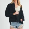 Side Slit Exposed Seam Button Up Corduroy Jacket - Black