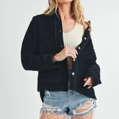Side Slit Exposed Seam Button Up Corduroy Jacket - Black