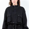 Full Size Drawstring Hem Cargo Pocket Cropped Worker Jacket Plus Size - Black