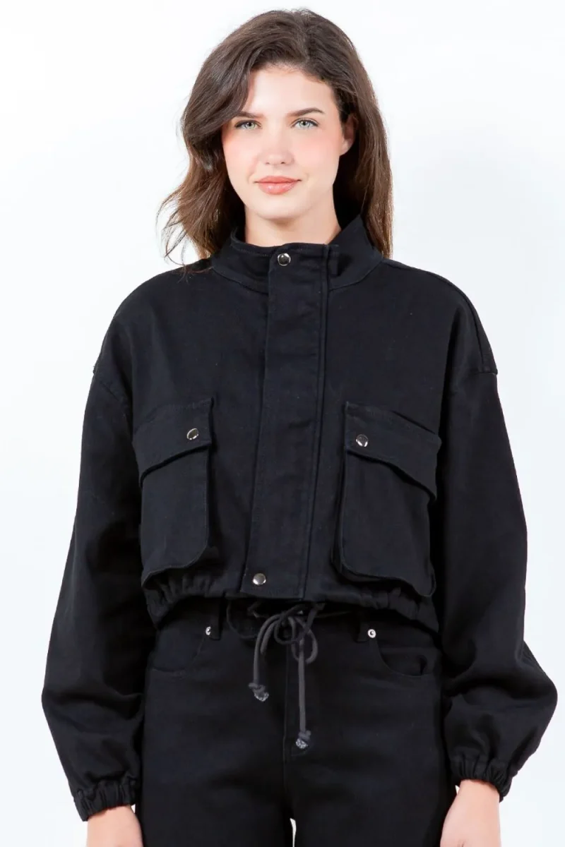Full Size Drawstring Hem Cargo Pocket Cropped Worker Jacket Plus Size - Black