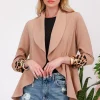 Full Size Rolled Leopard Cuff Open Front Blazer - Mocha
