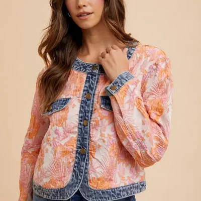 Floral Jacquard Denim Contrast Button Down Jacket - Coral Combo