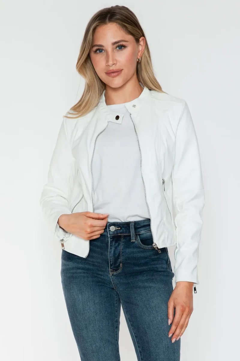 PU Leather Zip Up Jacket with Pockets - White