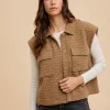 Puzzle Quilted Snap Down Vest Coat - Caramel