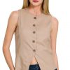 Linen Button Down Vest - Lt Mocha