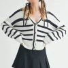Striped V-Neck Button Down Cardigan - White/Navy