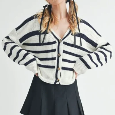 Striped V-Neck Button Down Cardigan - White/Navy