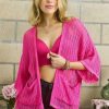 Fishnet Knit 3/4 Sleeve Cardigan - Hot Pink
